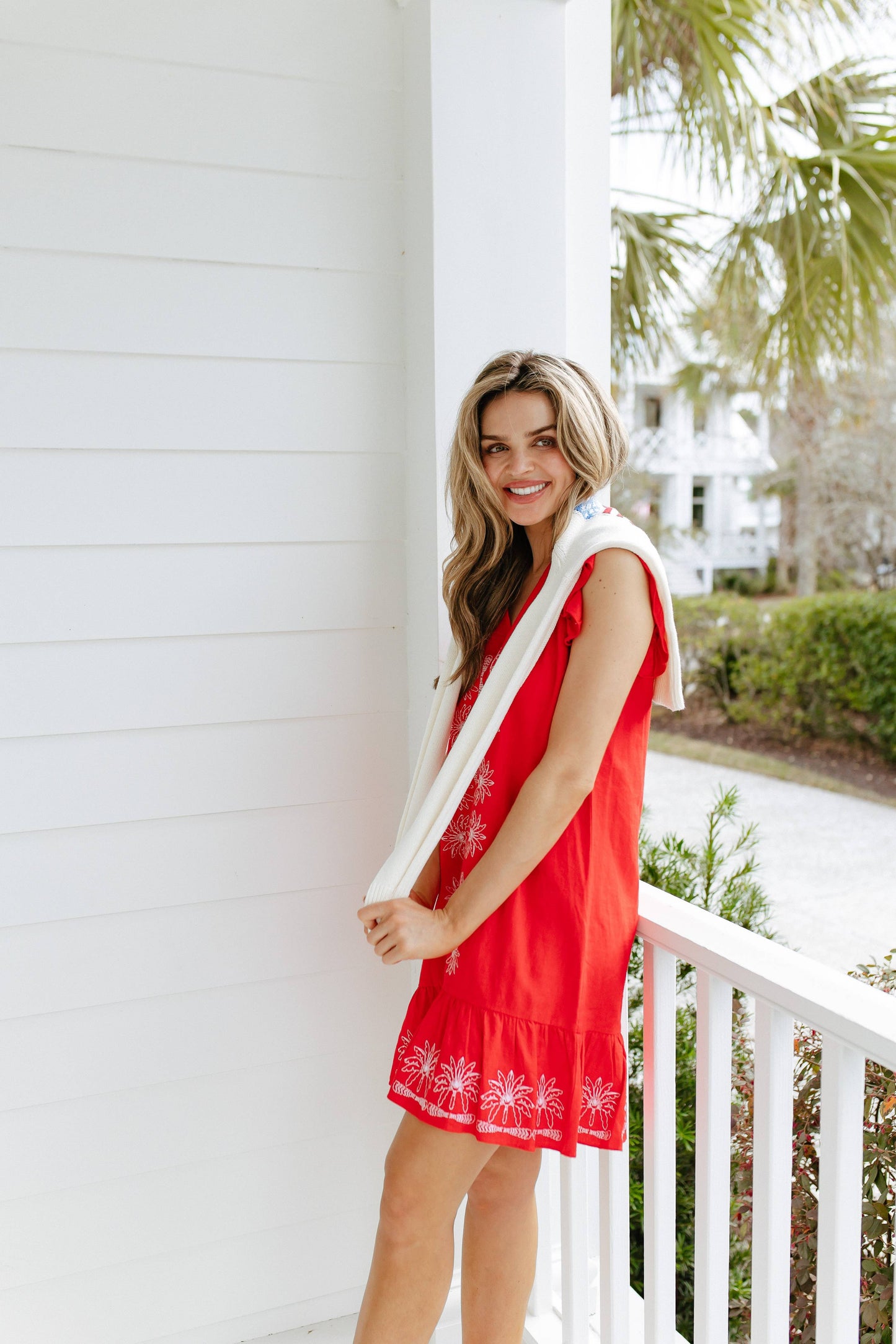 Red Flame V-Neck Ruffle Hem Dress