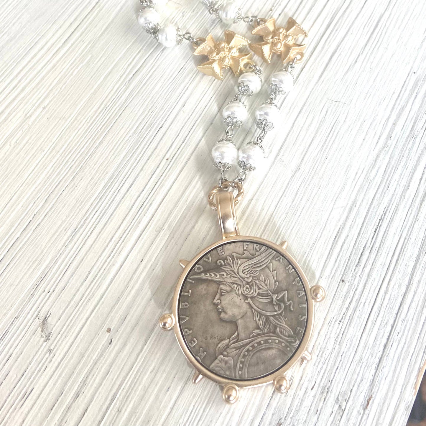 French coin medallion necklace vintage boutique jewelry