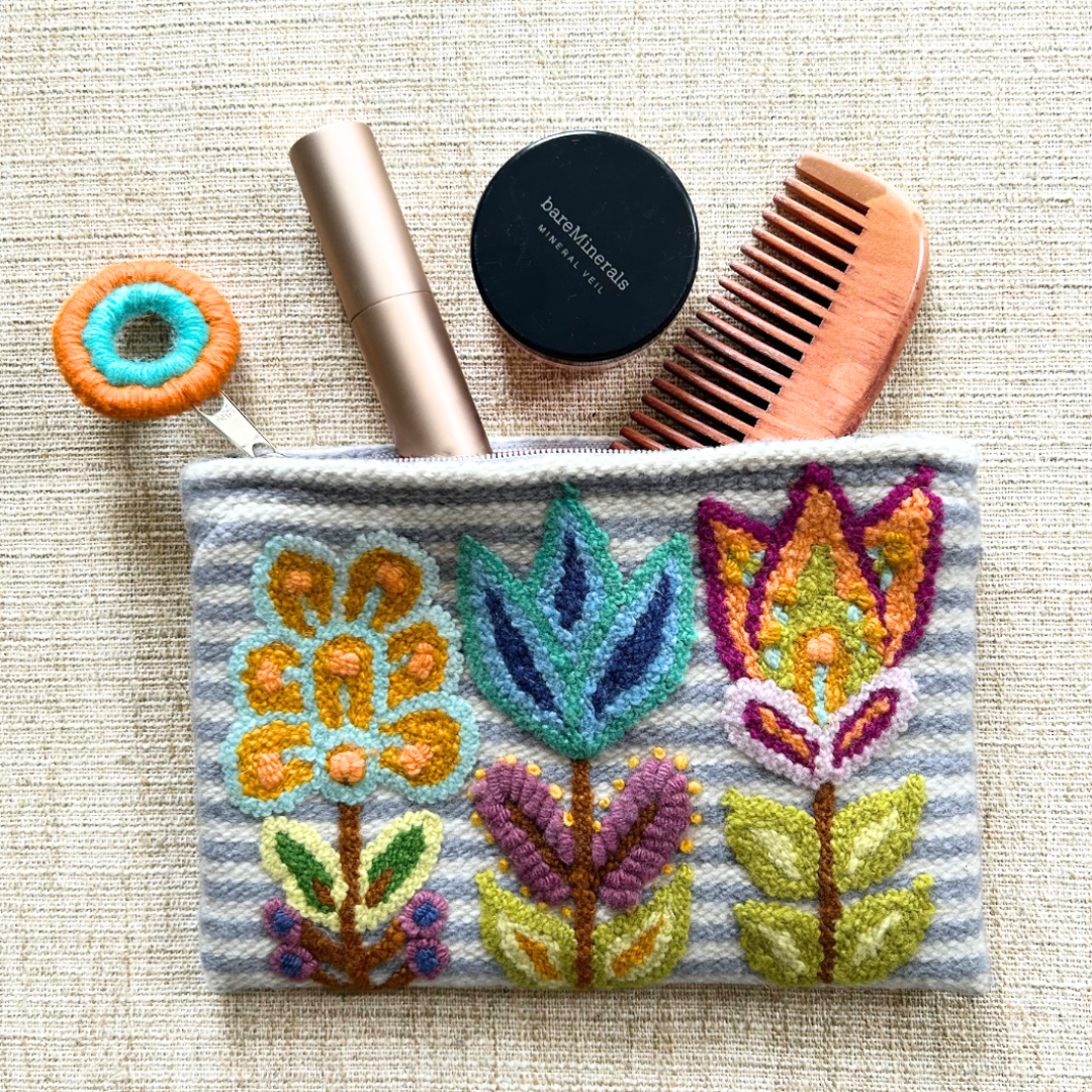 Flowers & Stripes Embroidered Wool Pouch
