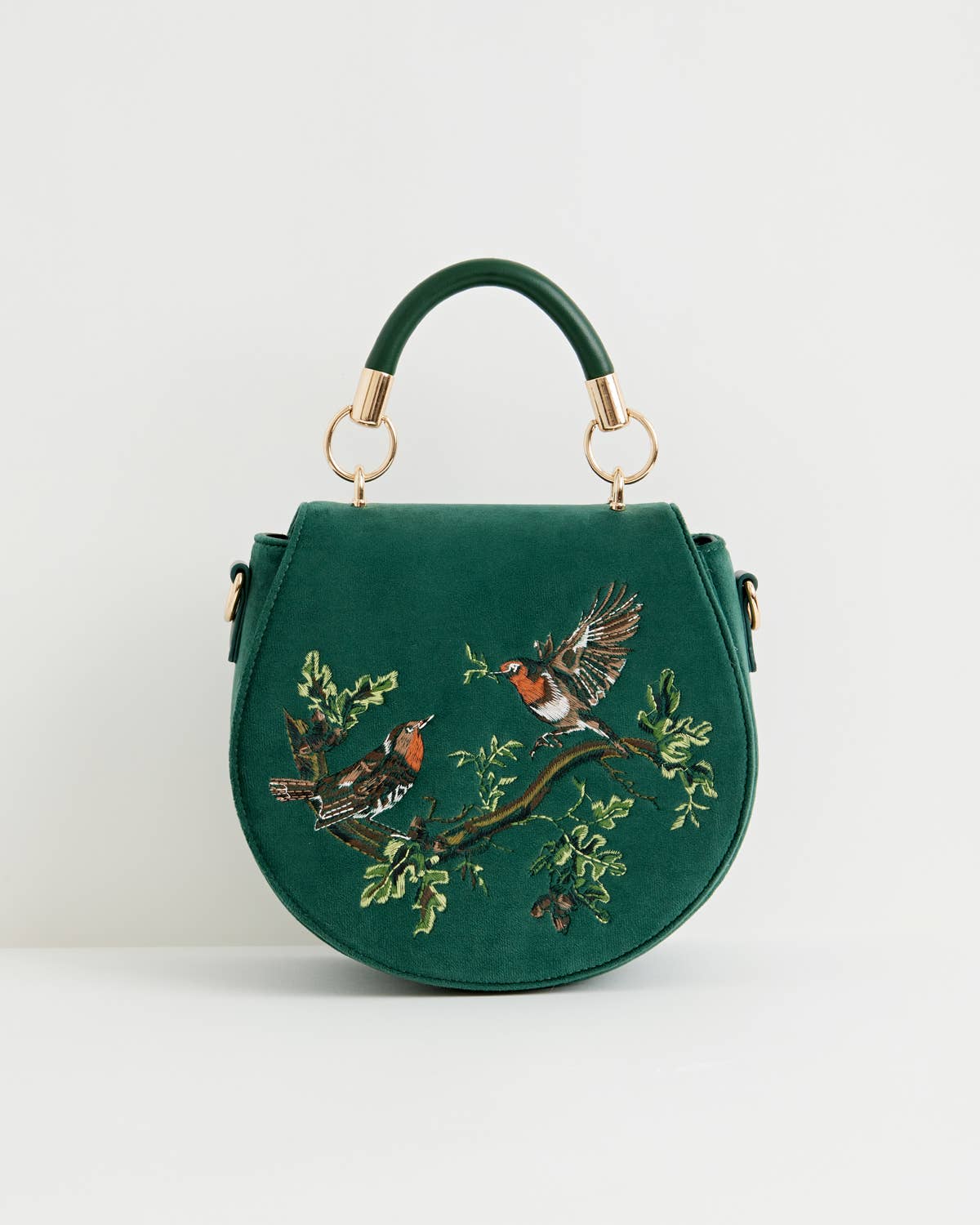 FABLE Robin Love Fern Green Velvet Embroidered Saddle Purse