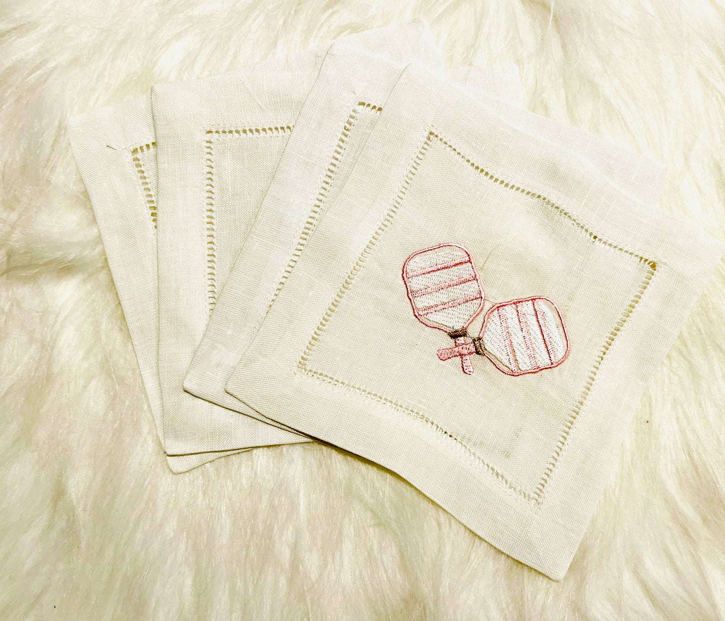 Pink and White Pickleball Embroidered Cocktail Napkins