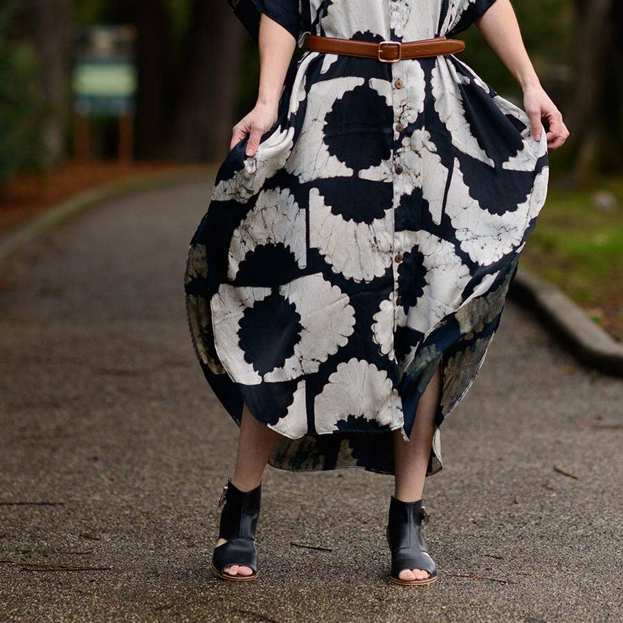 Block print dress Black Silky luxurious soft long - Sunset