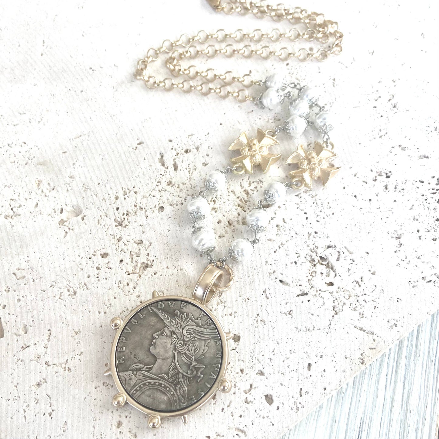 French coin medallion necklace vintage boutique jewelry
