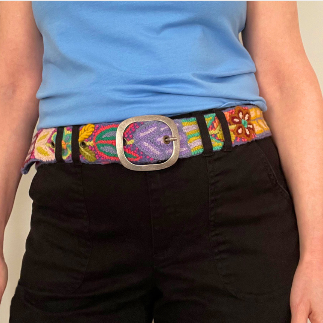 Folklorica Floral Embroidered Wool Belt, Blue