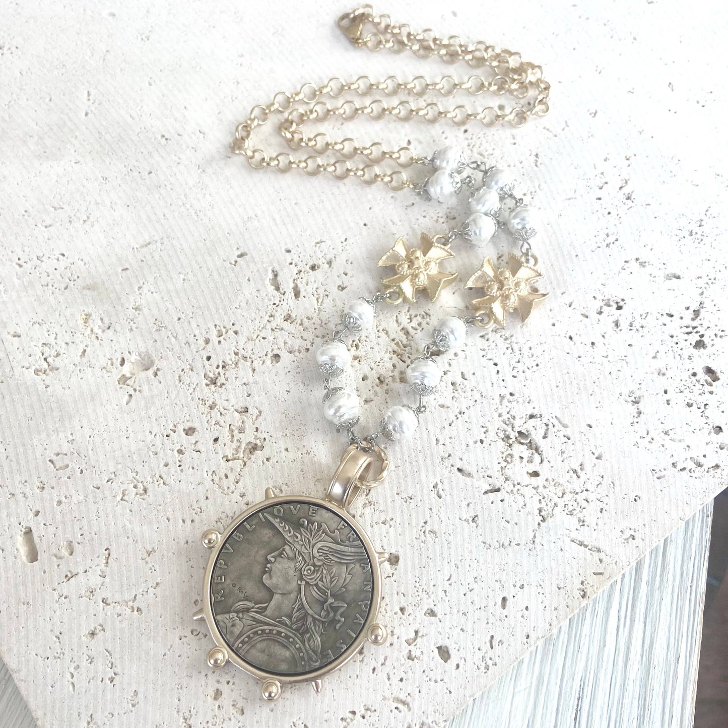 French coin medallion necklace vintage boutique jewelry