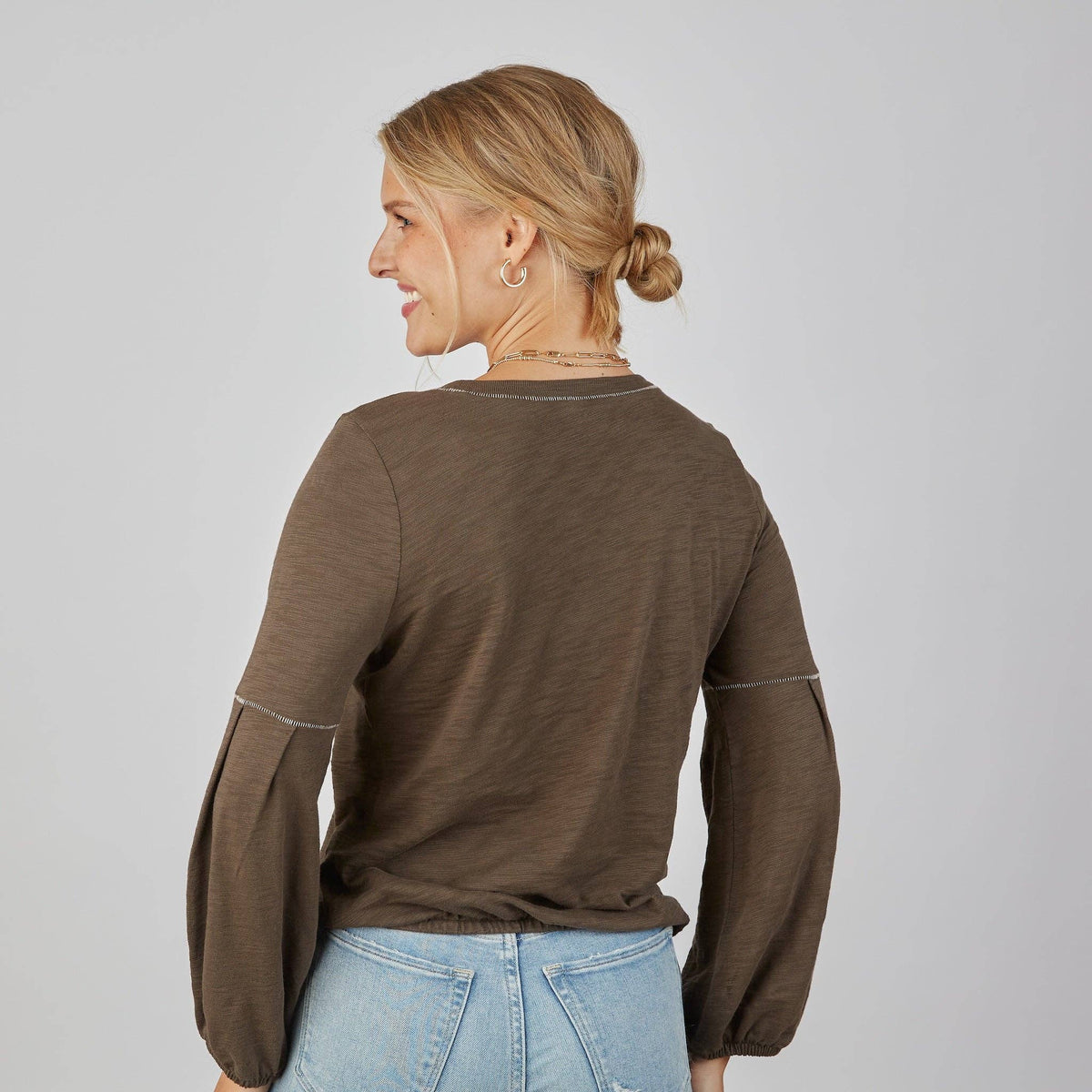 English Popover Top in Espresso Brown - Long Sleeve