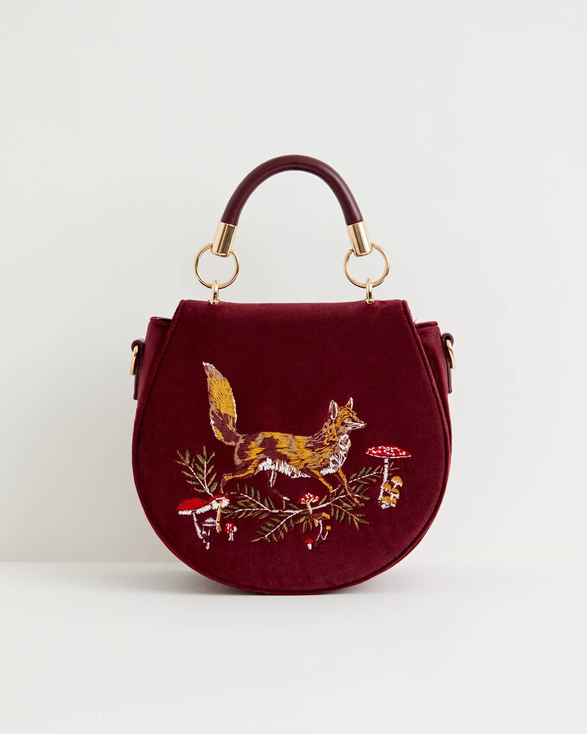 FABLE Fox & Mushroom Embroidered Velvet Saddle Purse
