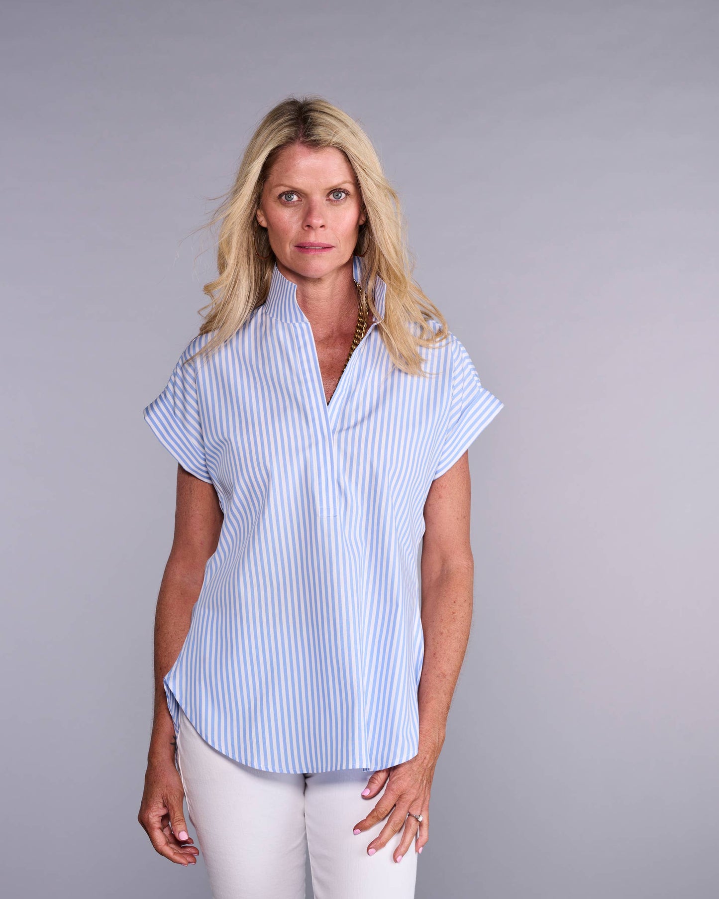 The Cap Sleeve League Blouse in Lapis Blue Stripe