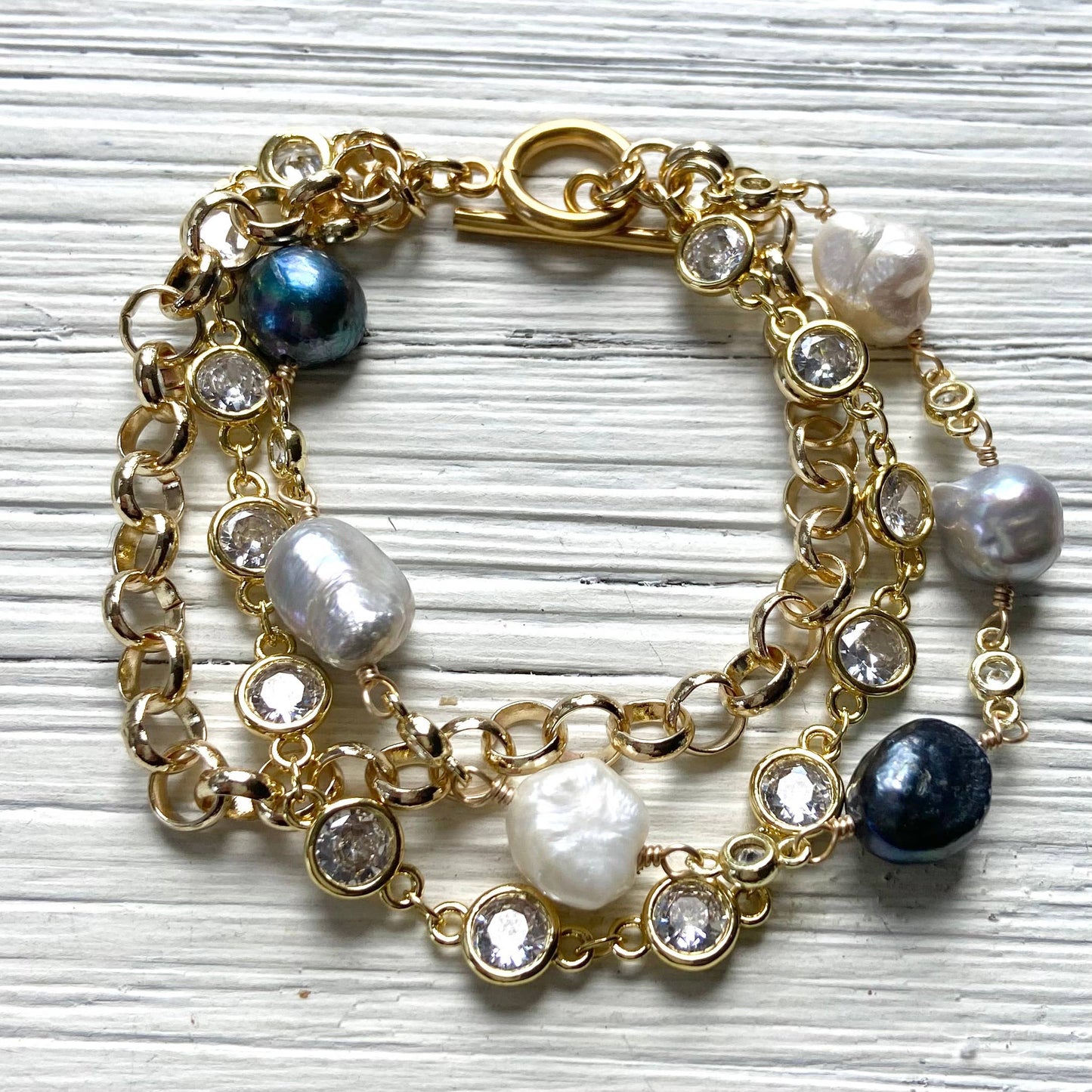 Triple strand baroque pearl & crystal -golden blush luxe