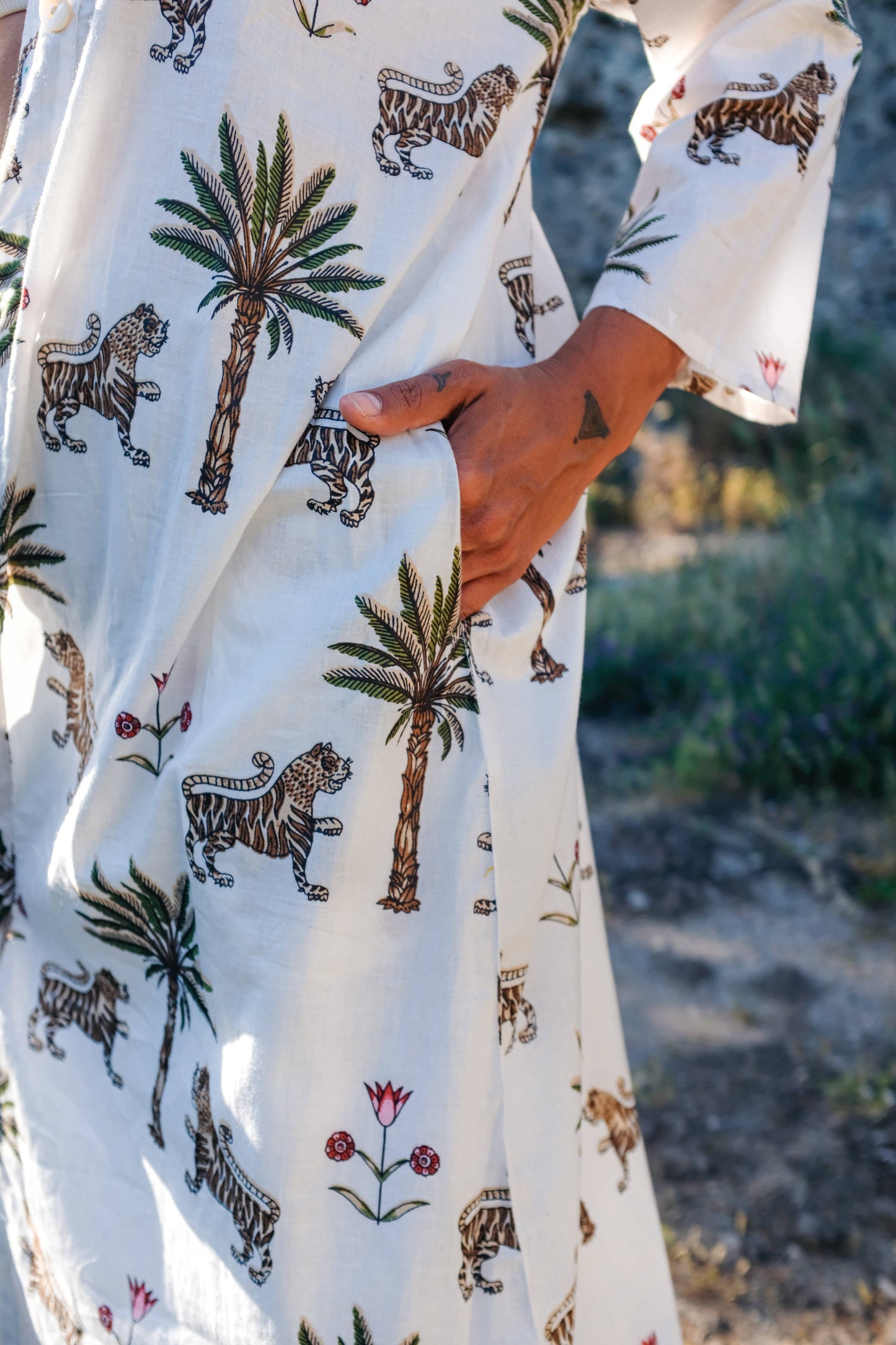 Cotton Block Print Robe ~ Tiger & Palm