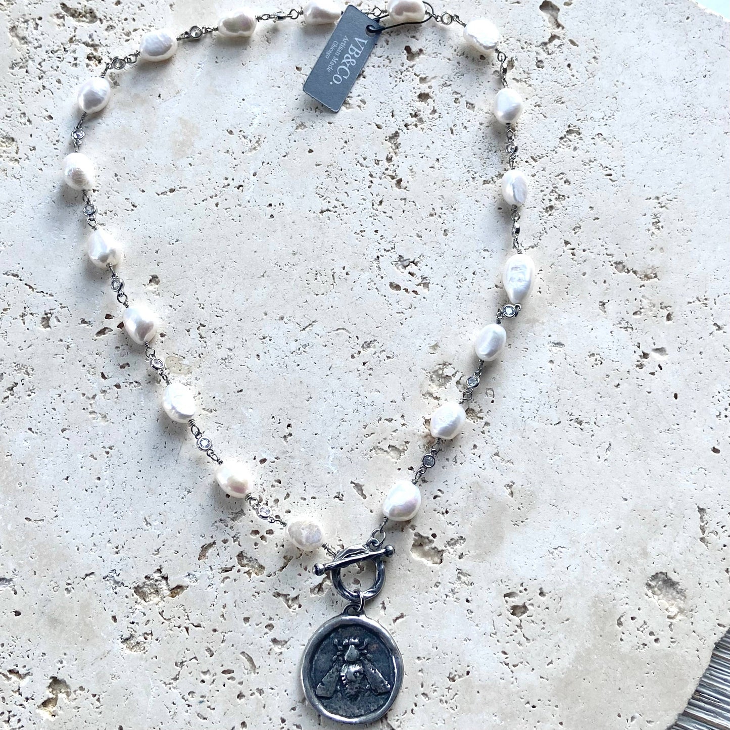 Freshwater, pearl bee, coin, necklace handmade