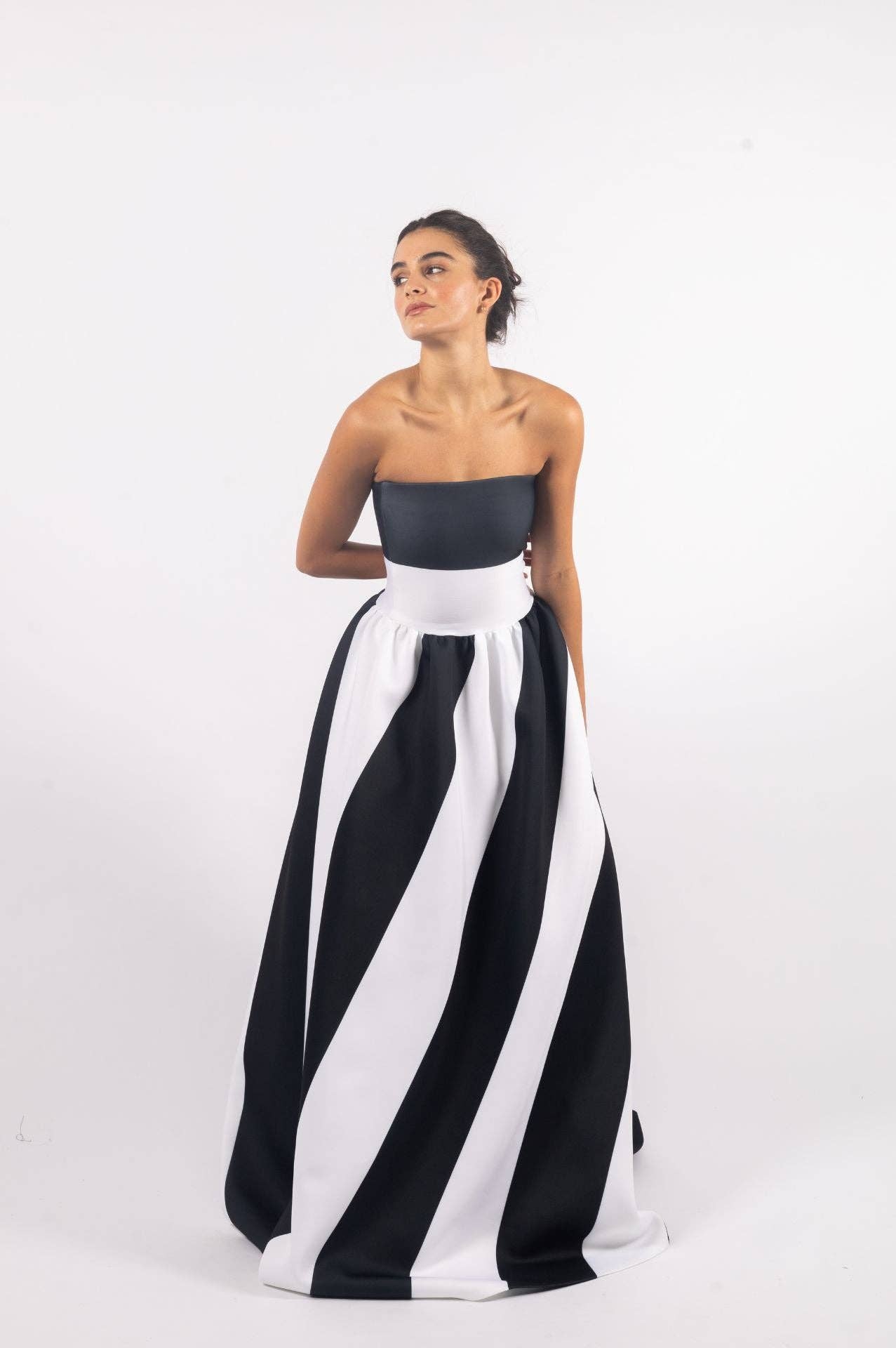 Notte Gown | Black and White Neoprene Striped Gown