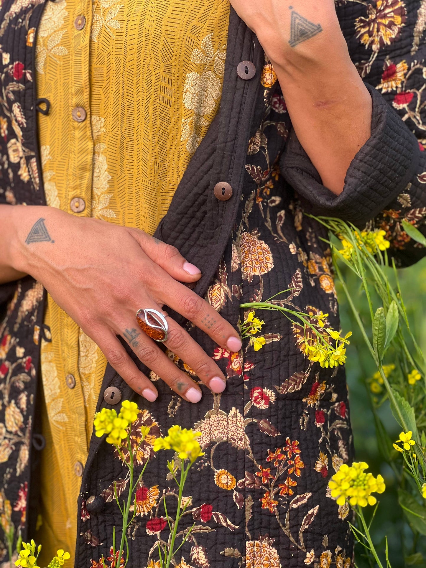 Long Quilted Daya Coat ~ Black Floral