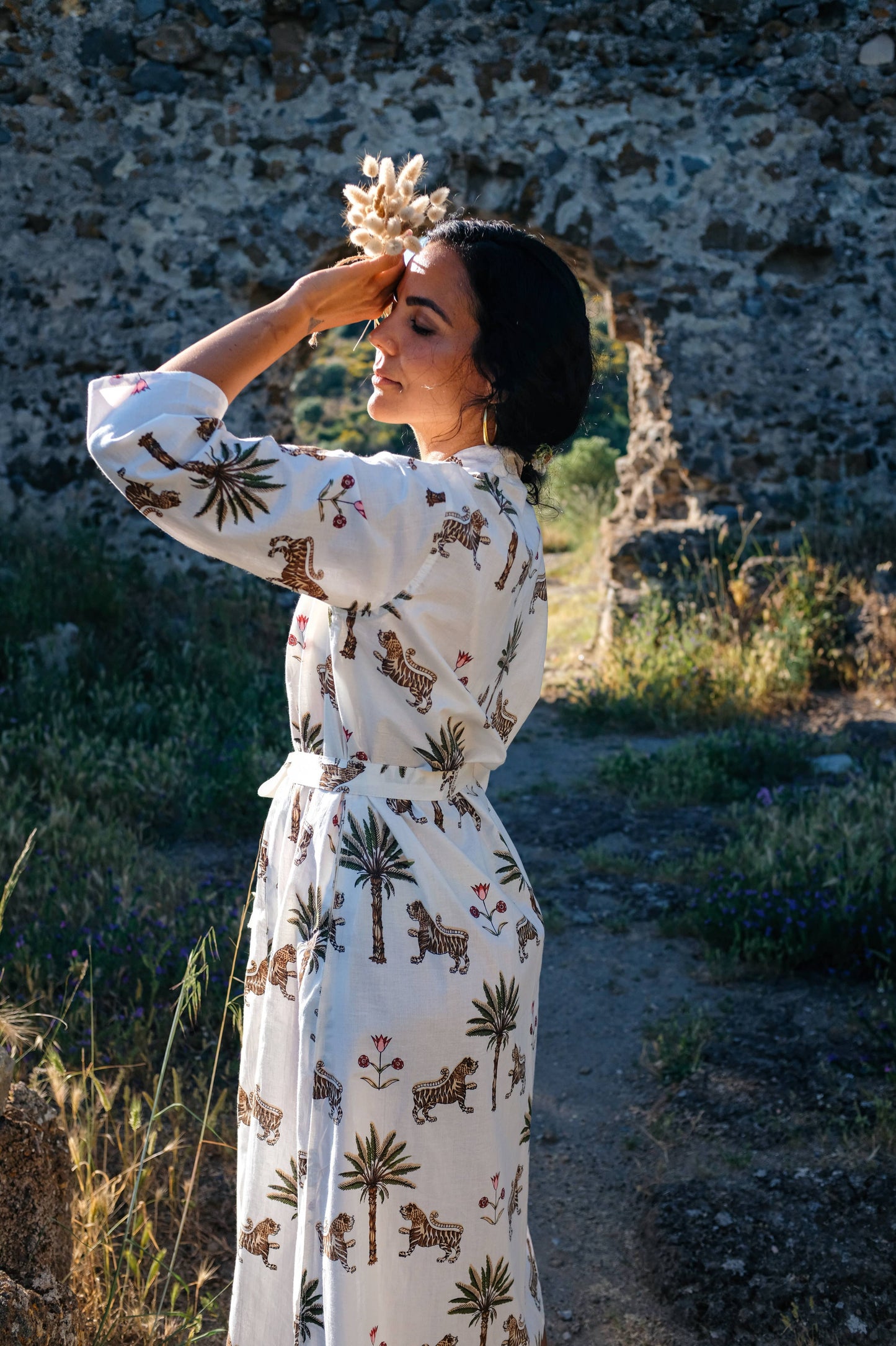 Cotton Block Print Robe ~ Tiger & Palm