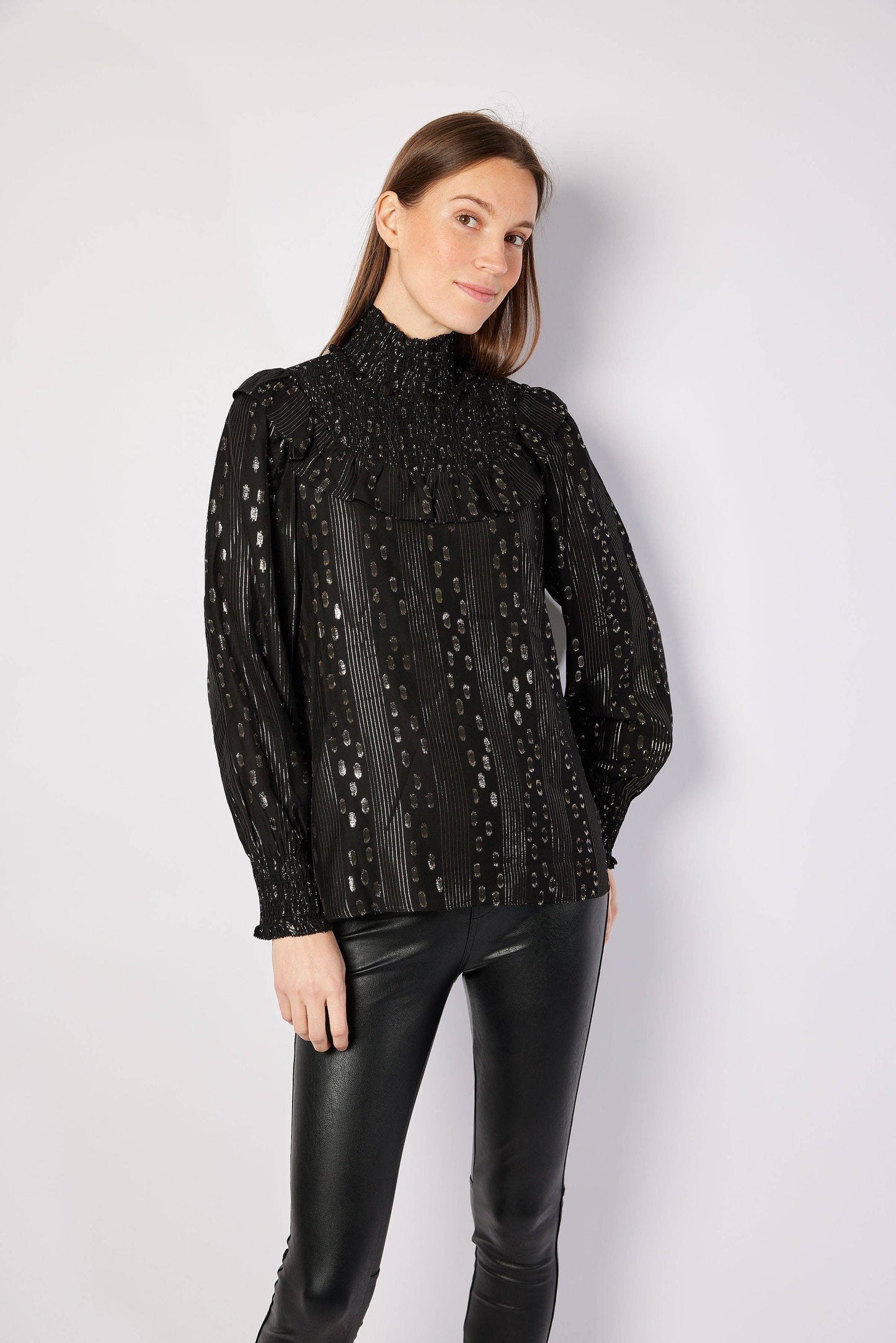 Black & Gold Lurex Smocked Neck Top