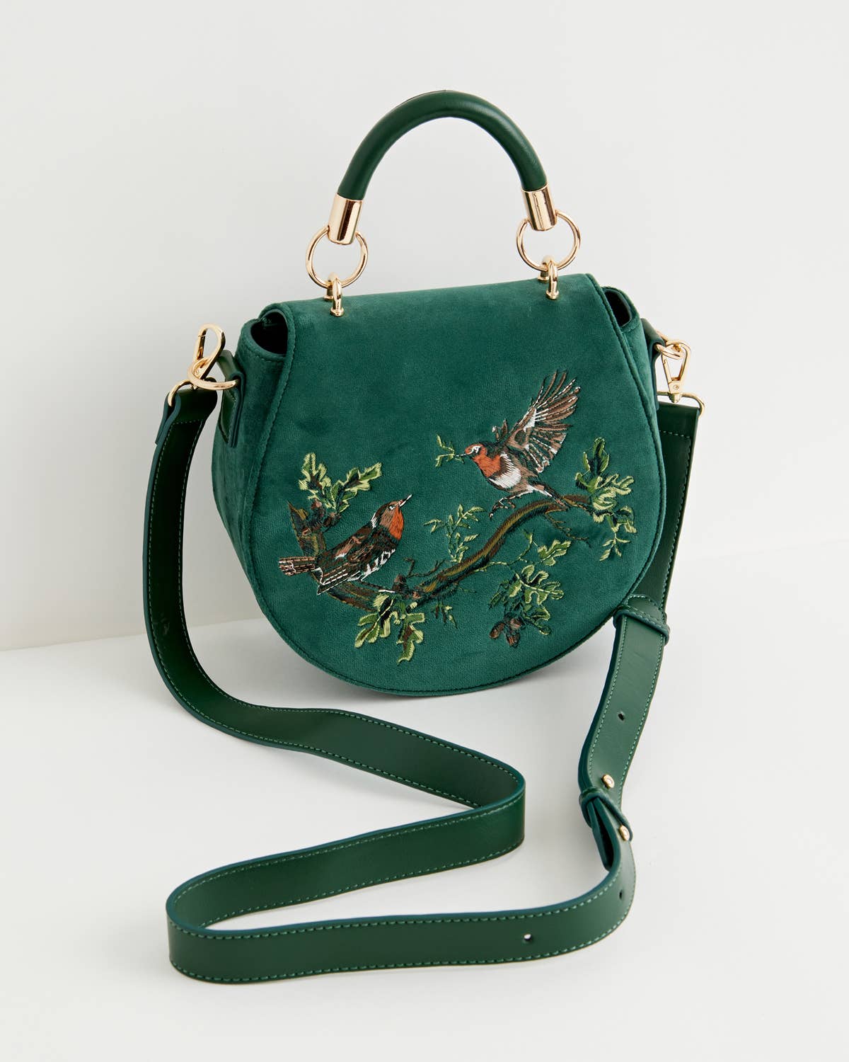 FABLE Robin Love Fern Green Velvet Embroidered Saddle Purse