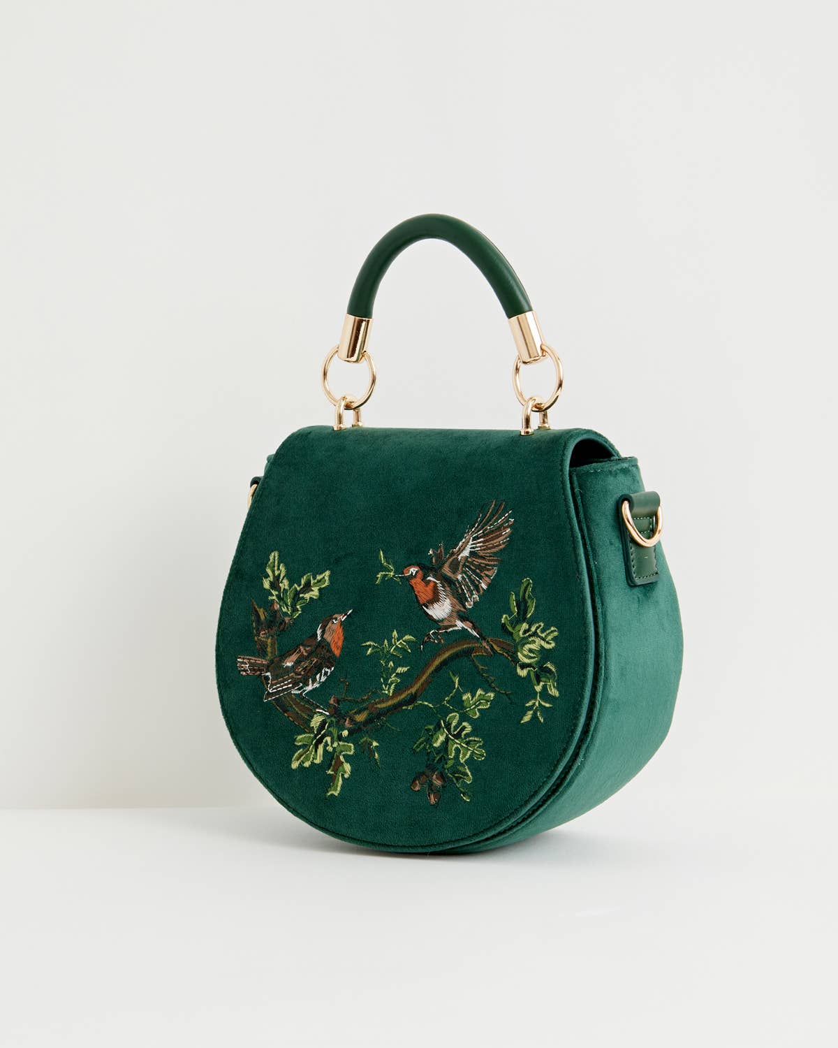 FABLE Robin Love Fern Green Velvet Embroidered Saddle Purse
