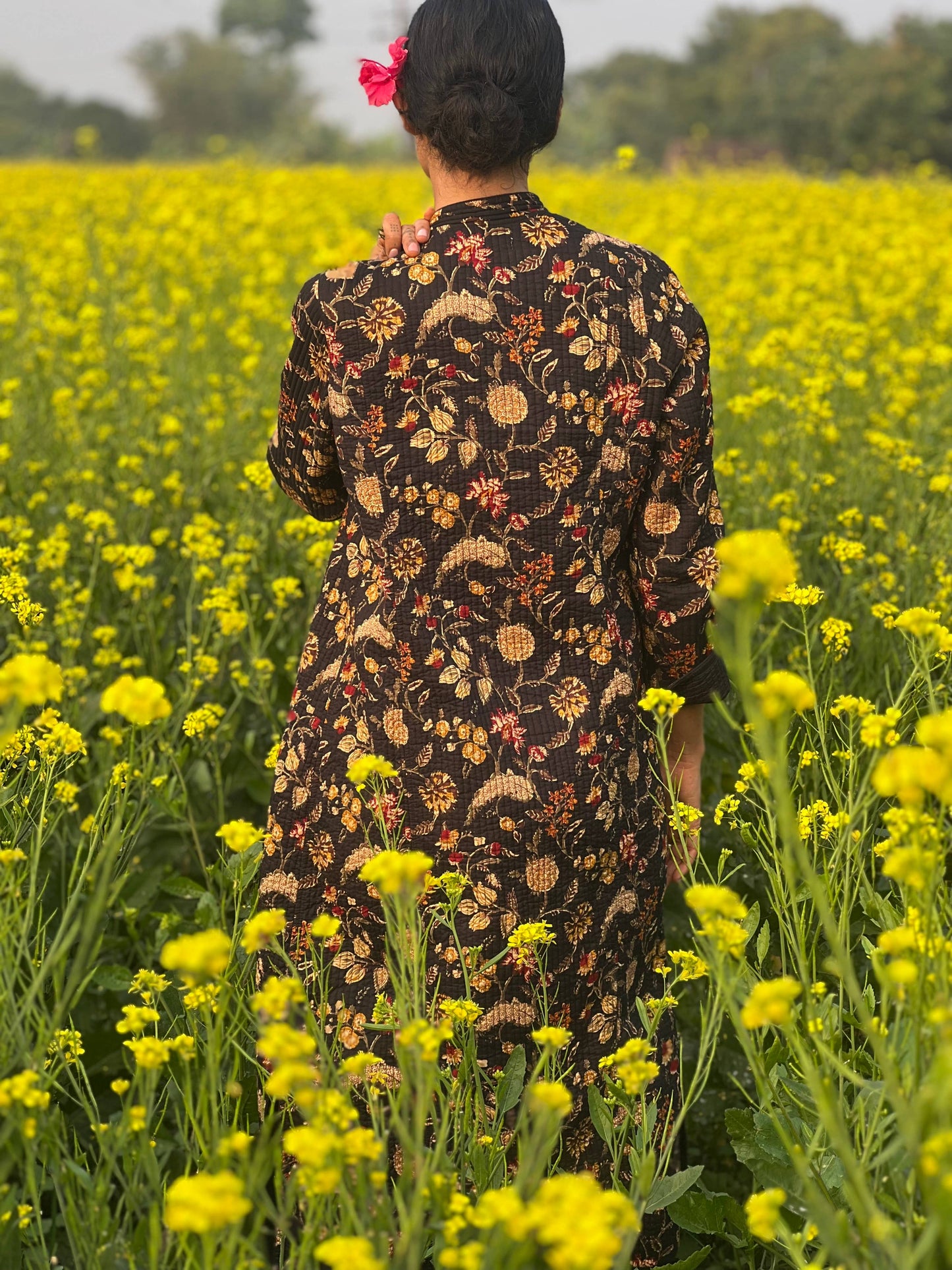 Long Quilted Daya Coat ~ Black Floral