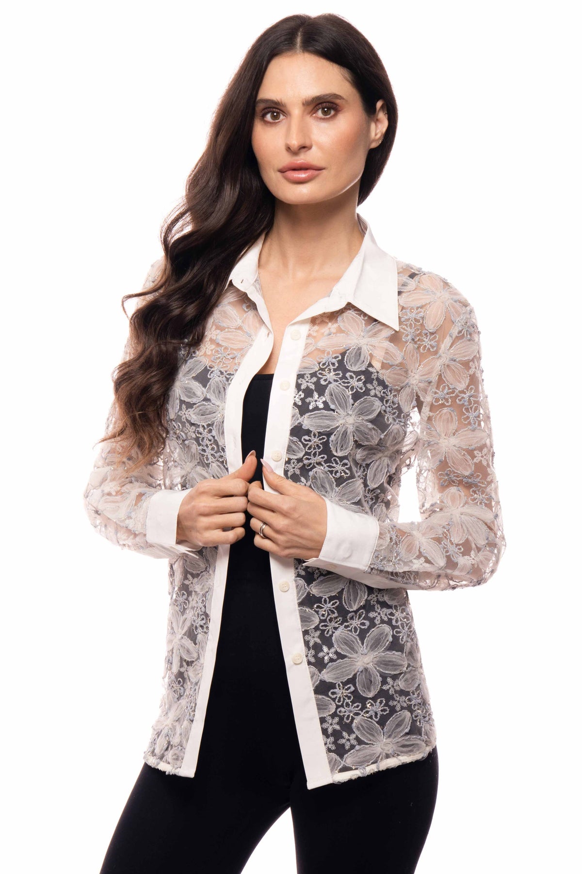 Floral Lace Mesh Button-Down Shirt