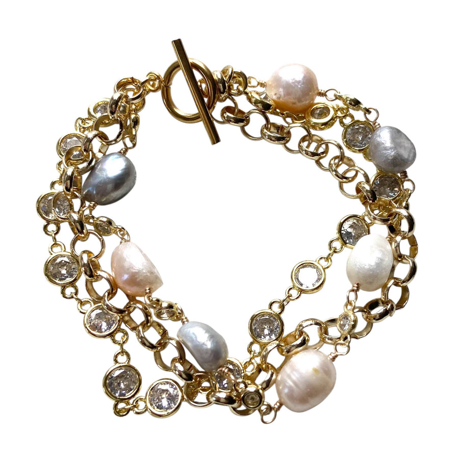 Triple strand baroque pearl & crystal -golden blush luxe
