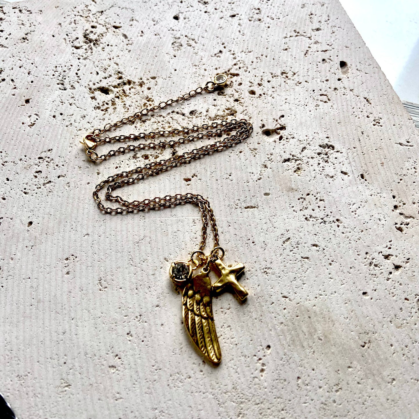 Angel wing cross crystal cluster necklace handmade jewelry