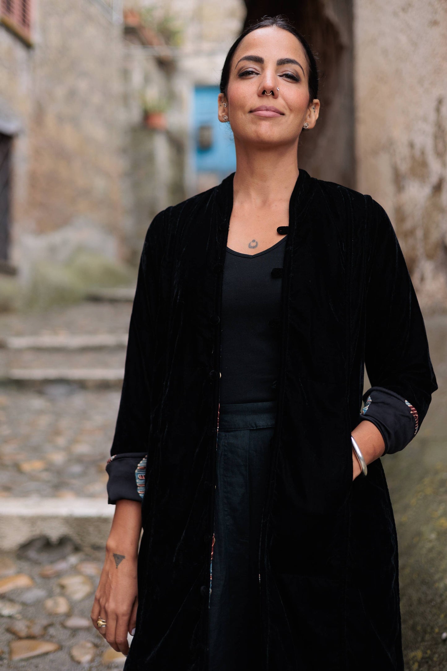 Silk and Velvet Reversible Coat ~ Black