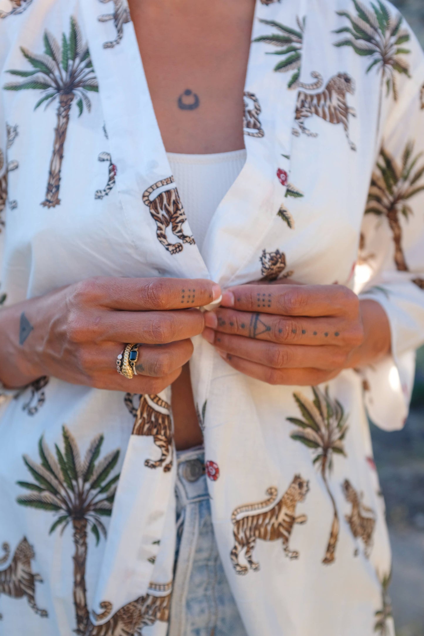 Cotton Block Print Robe ~ Tiger & Palm