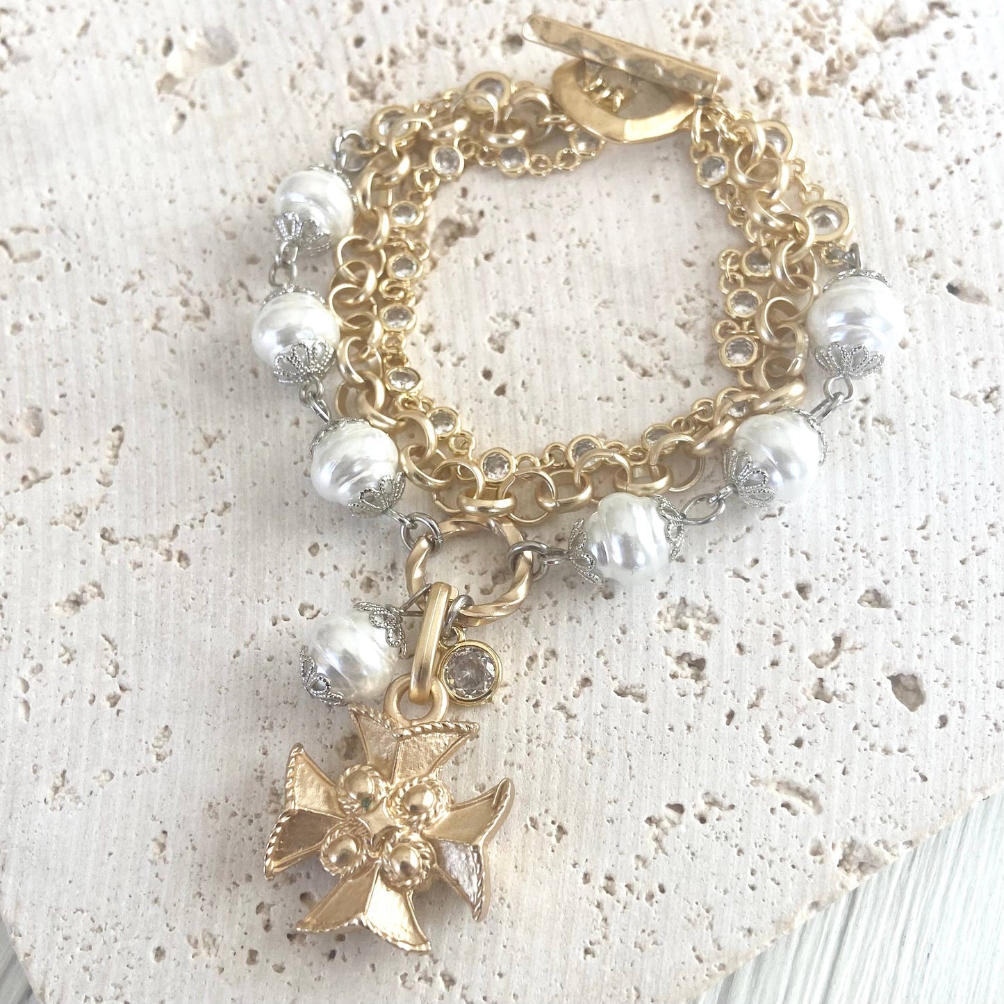 Triple layered pearl crystal bracelet vintage cross boutique