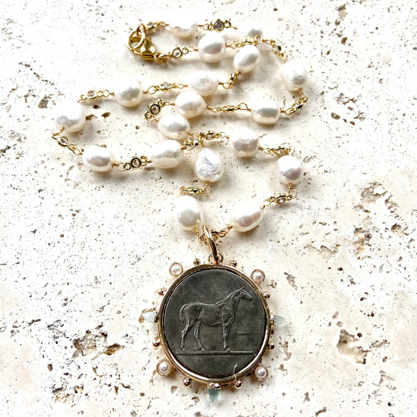 Horse jewelry French coin medallion equestrian necklace