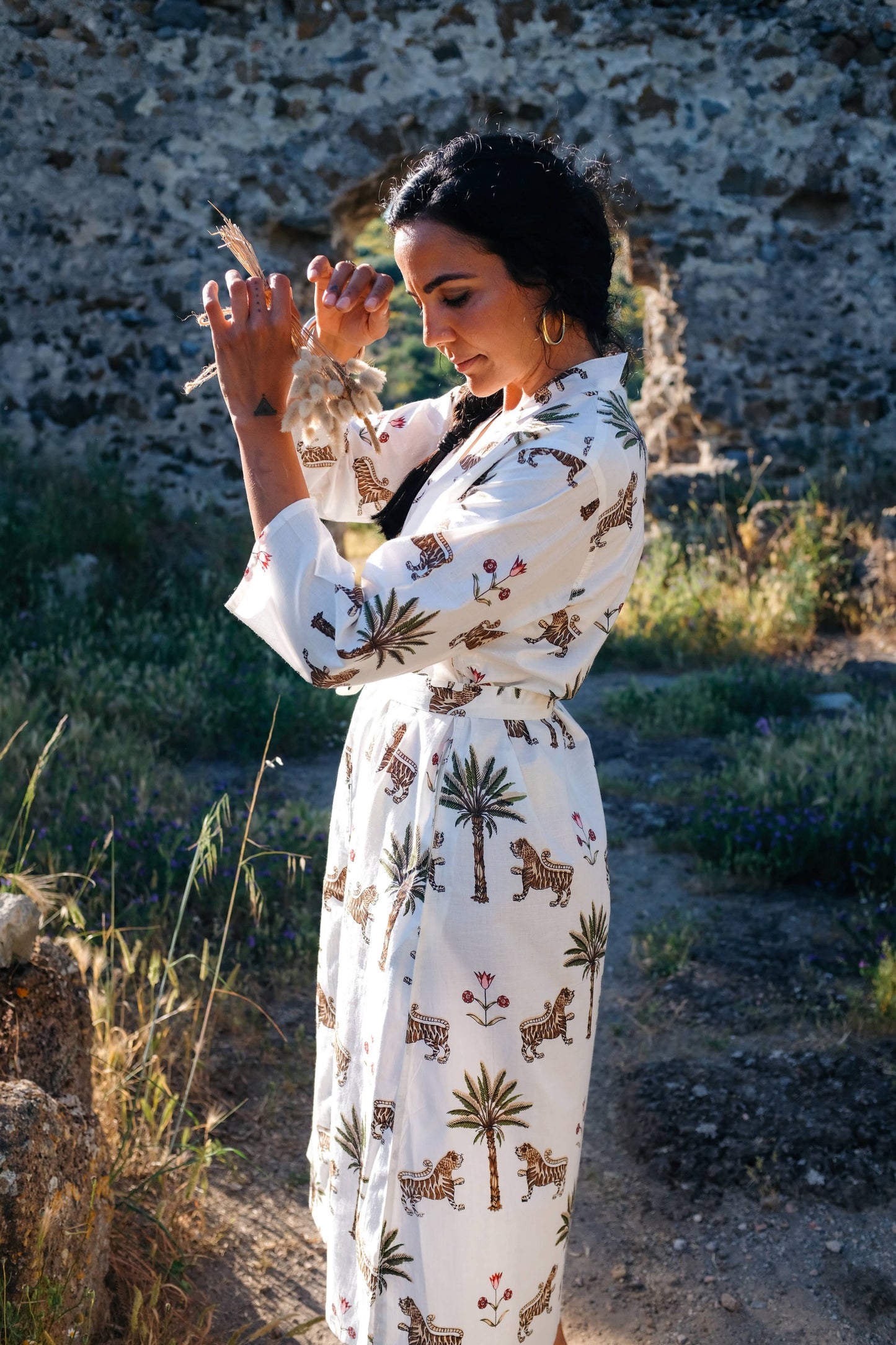 Cotton Block Print Robe ~ Tiger & Palm