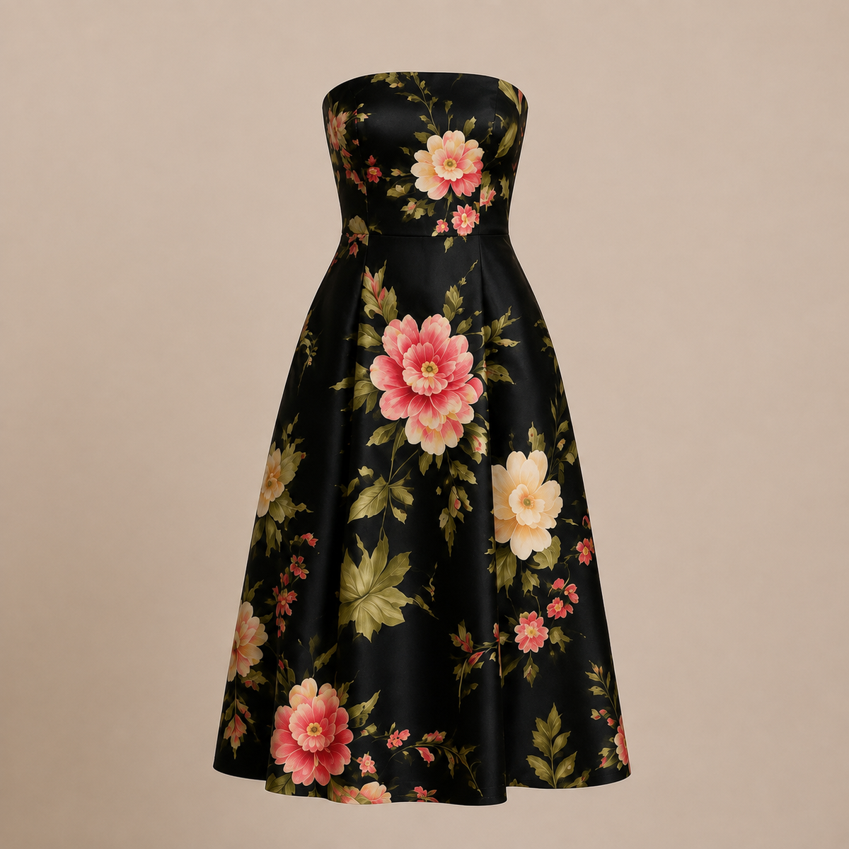 Aurelle Black Floral Silk Midi Dress