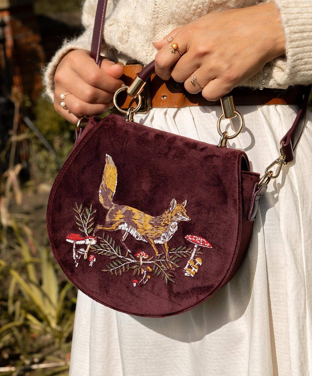 FABLE Fox & Mushroom Embroidered Velvet Saddle Purse