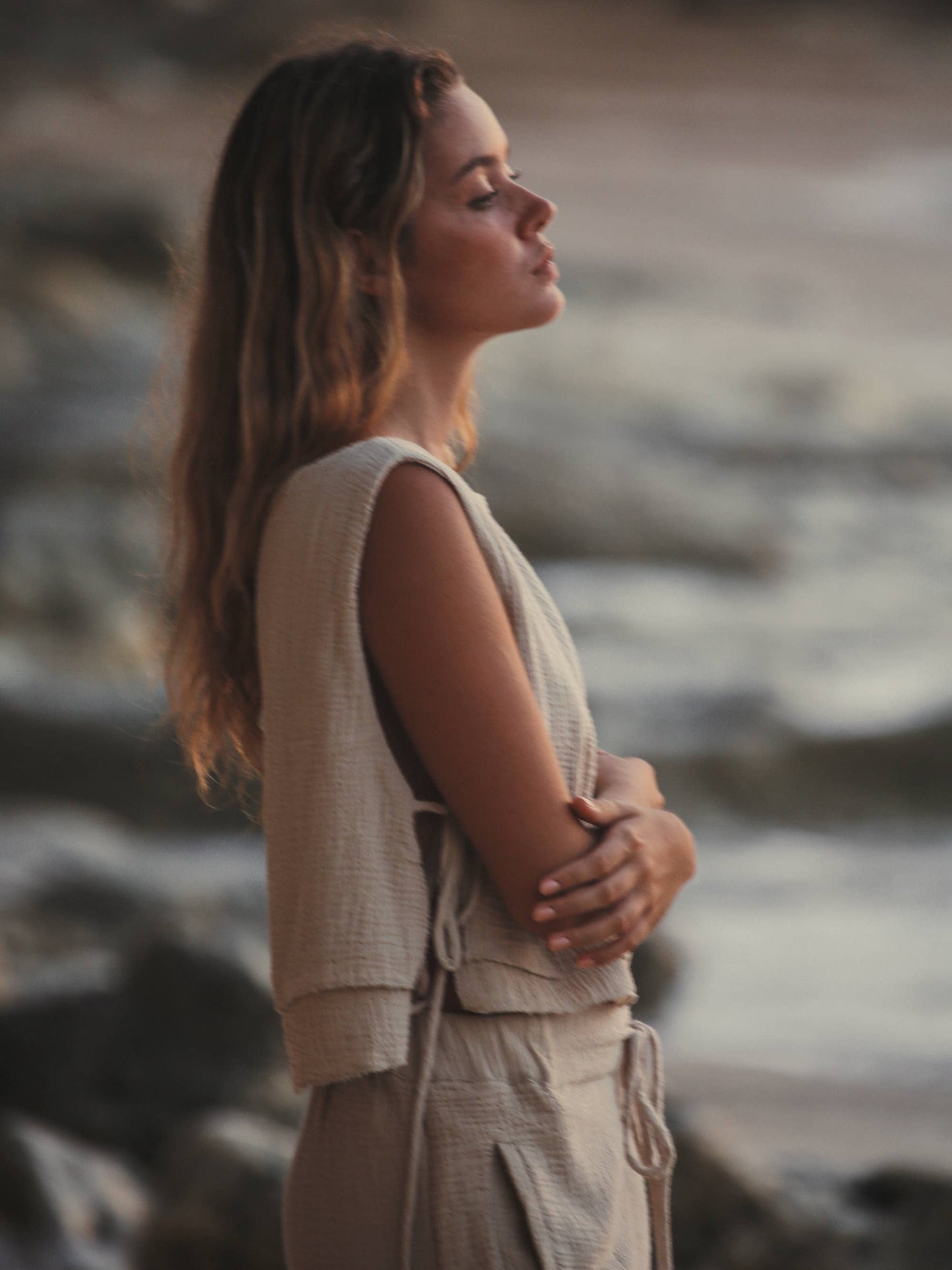 Mia Side Ties Top - Oatmeal