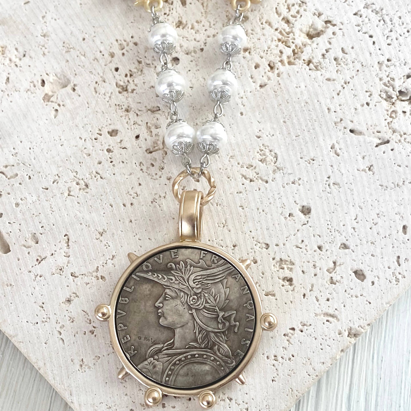 French coin medallion necklace vintage boutique jewelry