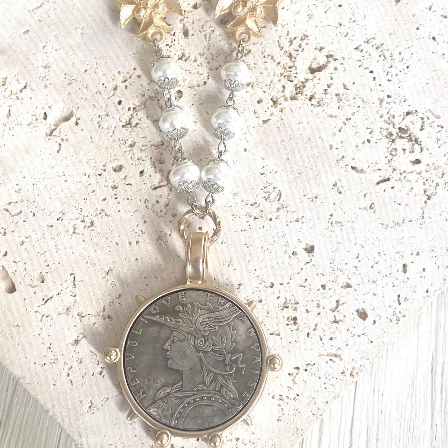 French coin medallion necklace vintage boutique jewelry