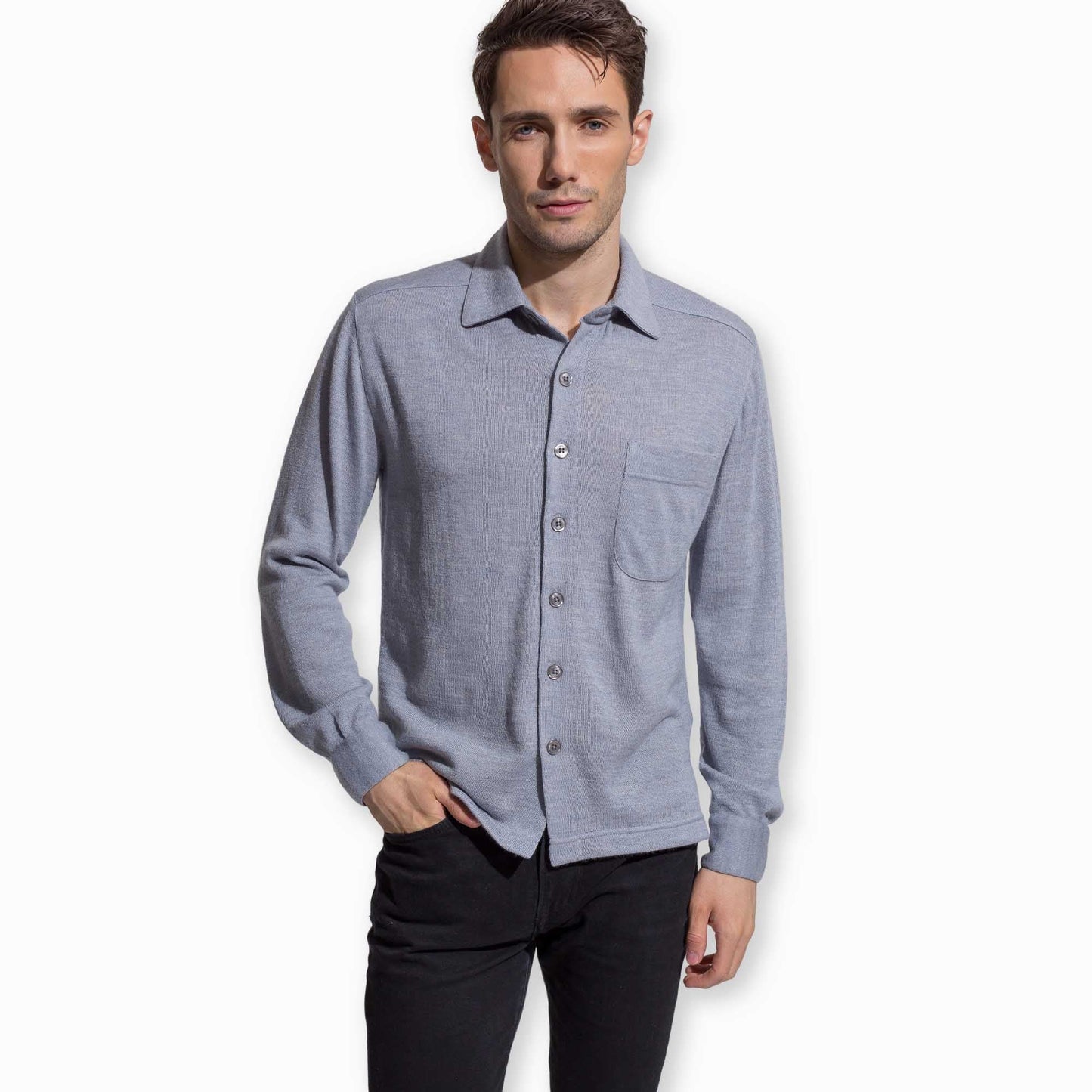 Alicia Adams Alpaca men's Knit Shirt in Chambray