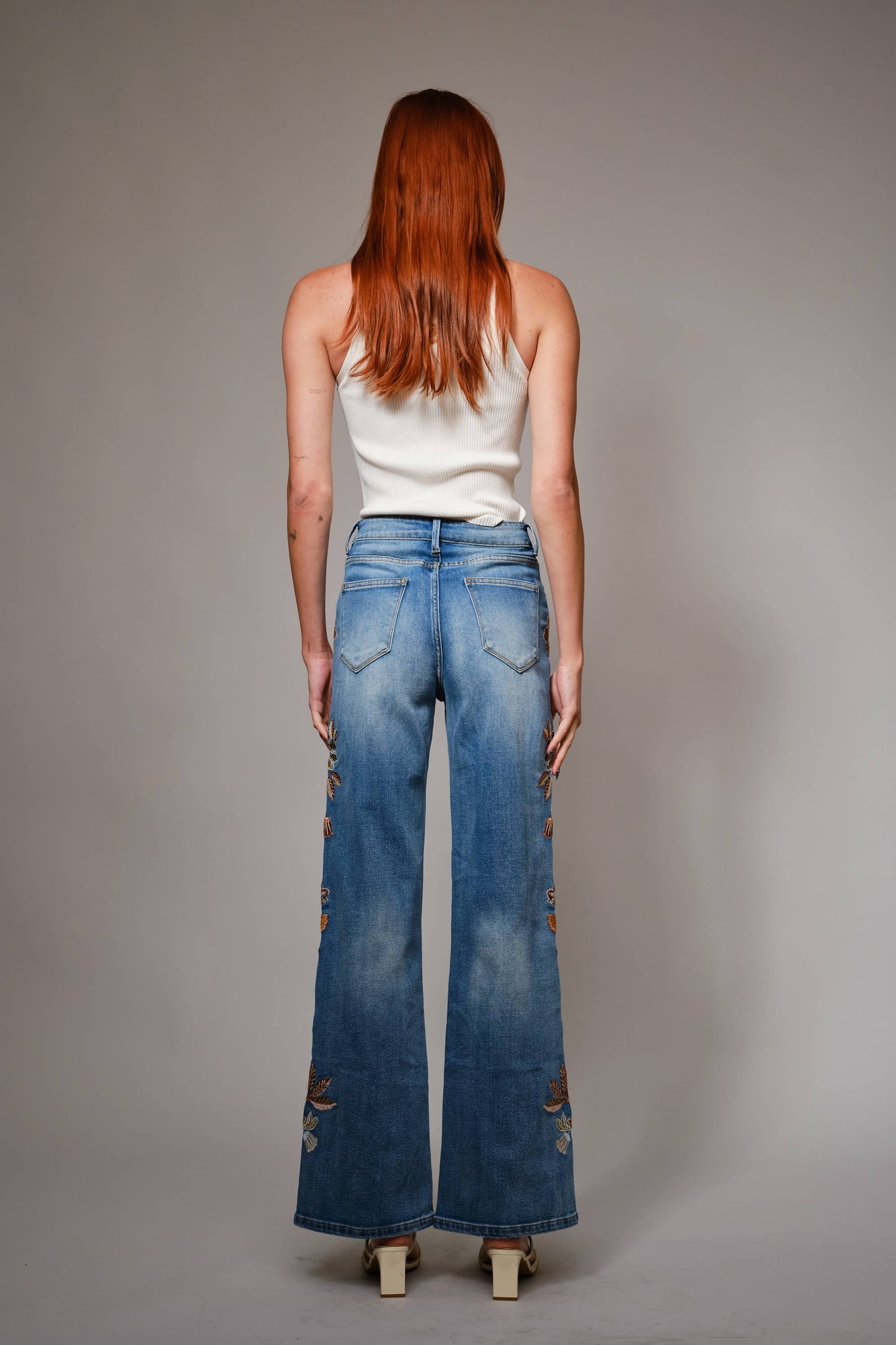 Flower Embroidery High Waist Flare Jean
