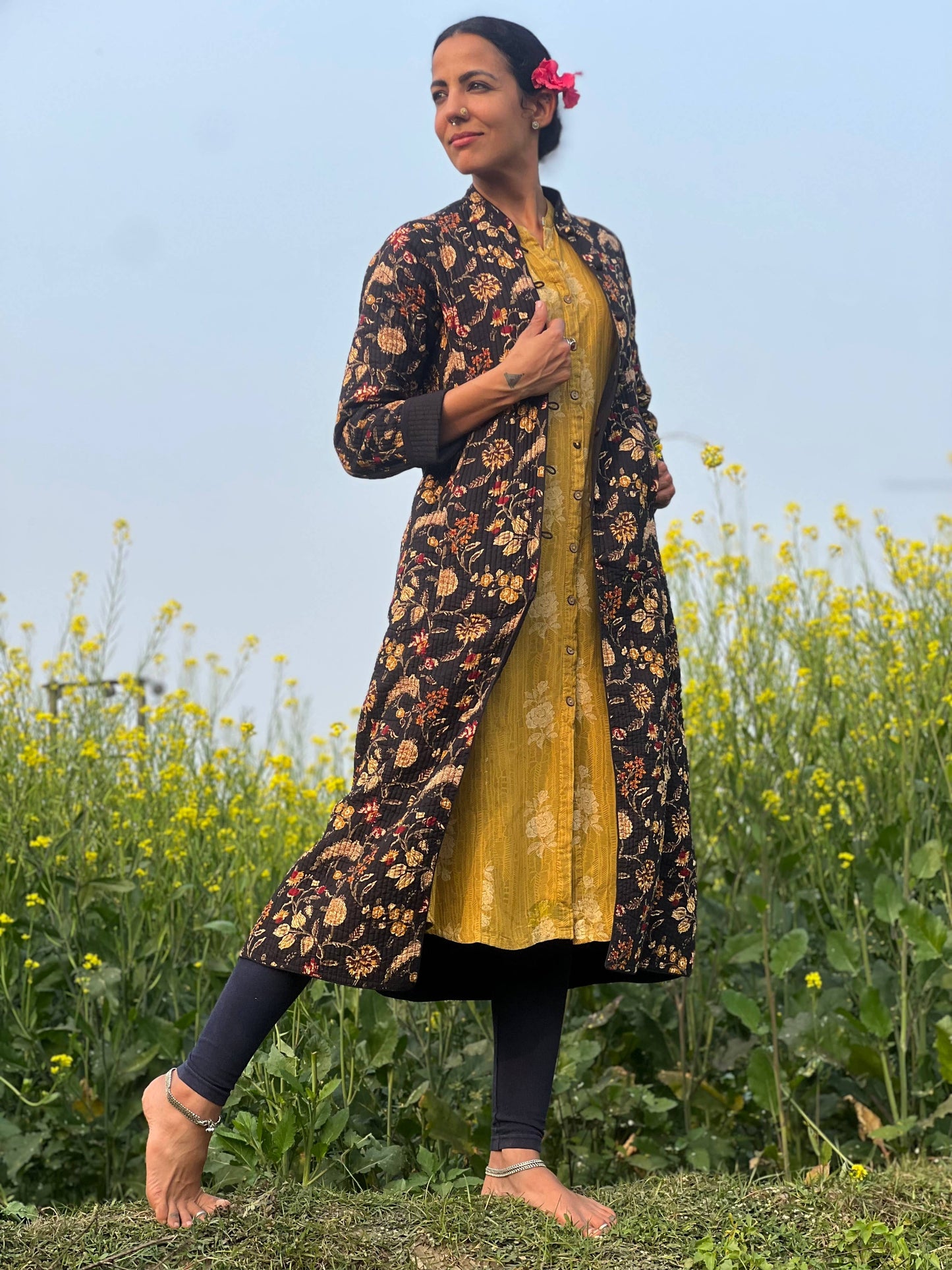 Long Quilted Daya Coat ~ Black Floral