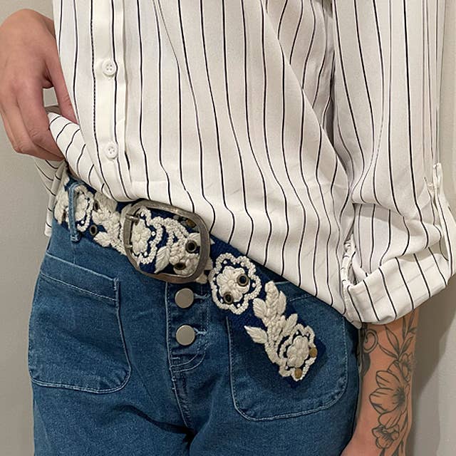 Two-Tone Embroidered Wool Belt, Blue/Cream
