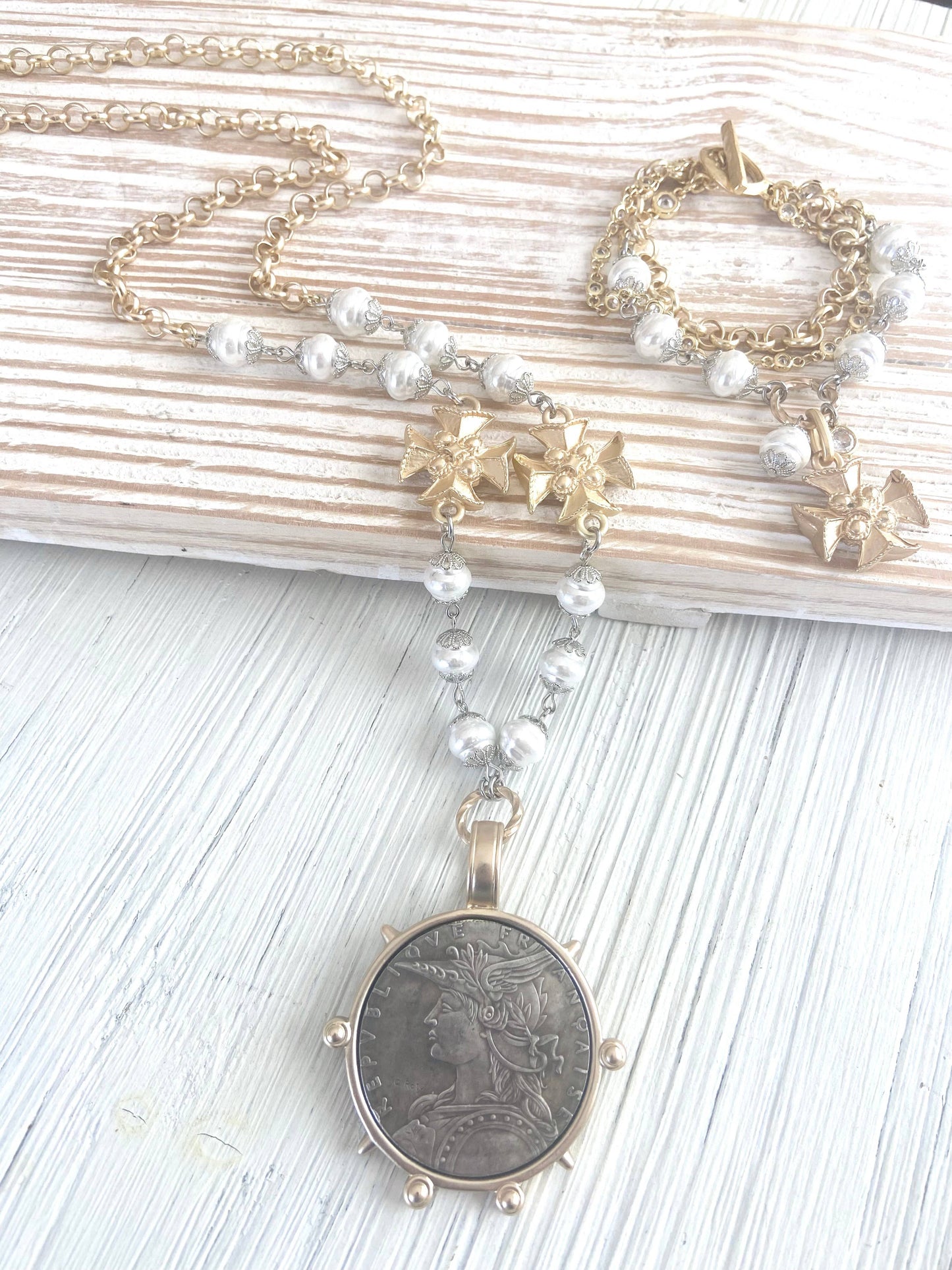 French coin medallion necklace vintage boutique jewelry