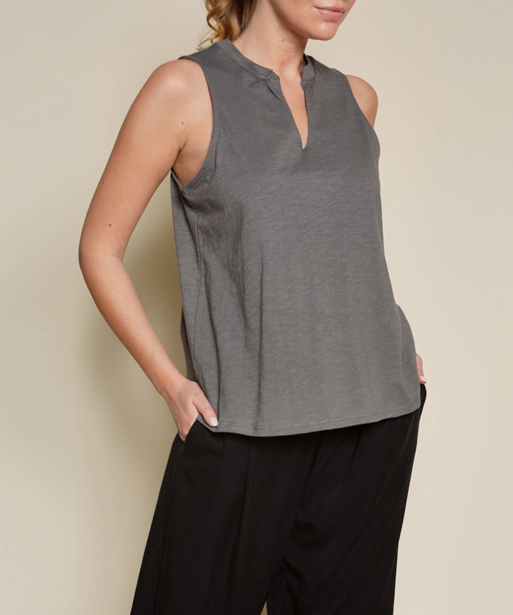 V -Cut Edge Sleeveless Cotton Top