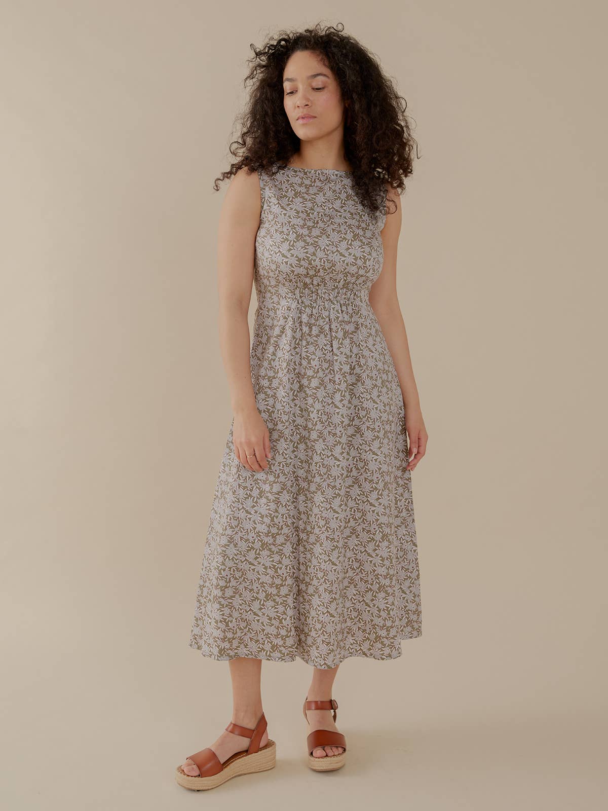 Artsy Traveler Sleeveless Midi Dress Olive Flowers