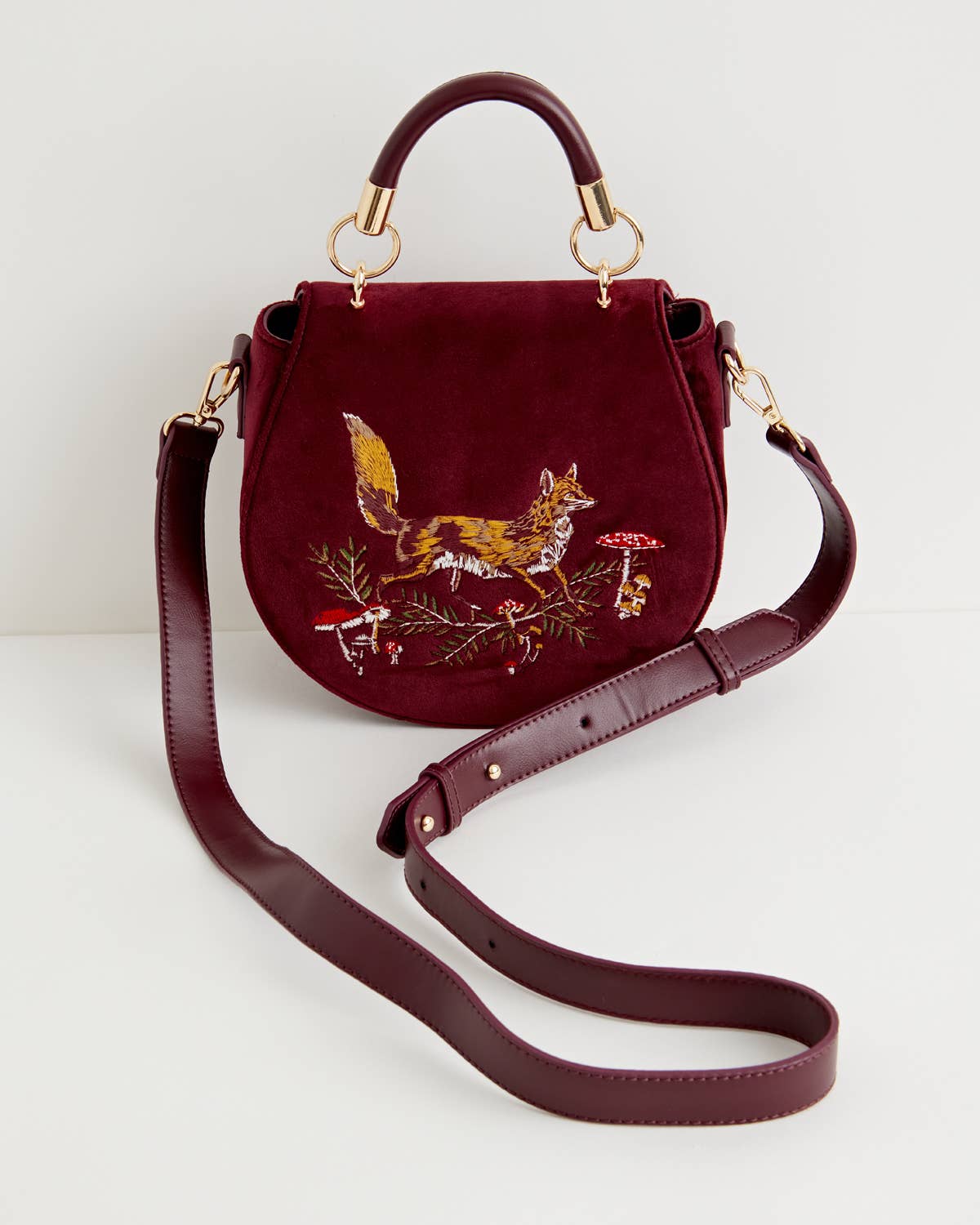 FABLE Fox & Mushroom Embroidered Velvet Saddle Purse