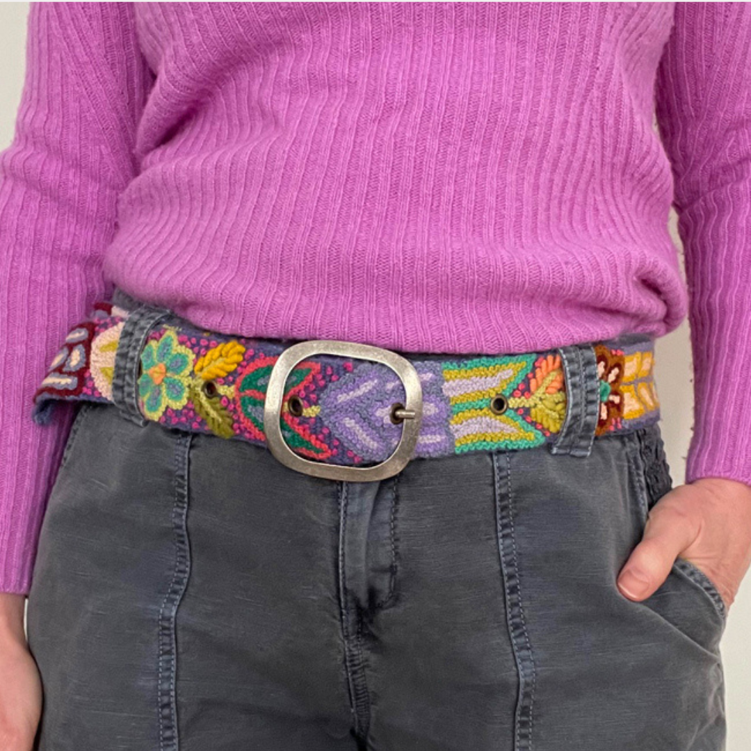 Folklorica Floral Embroidered Wool Belt, Blue
