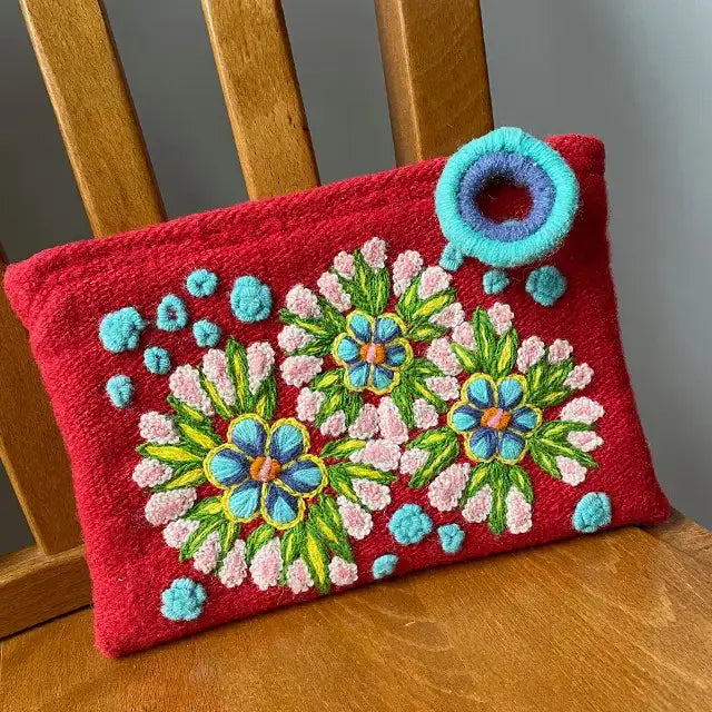 Floral Fireworks Embroidered Wool Pouch