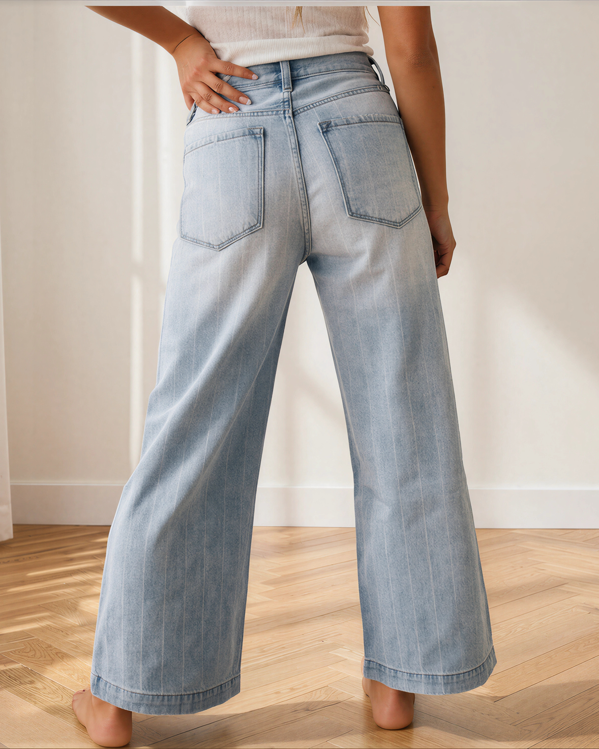 Veronica Pinstripe Wide Leg Jeans | Multi Button Denim
