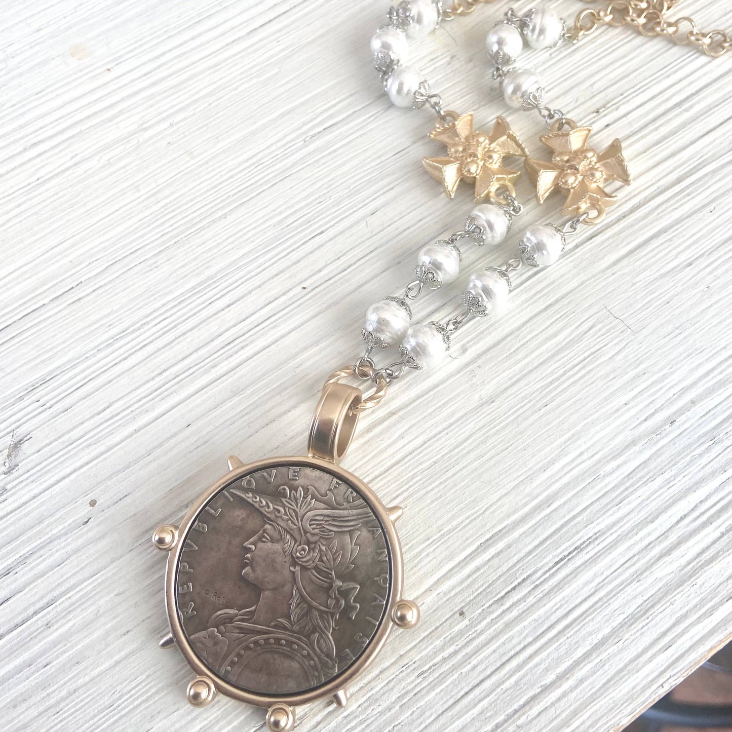 French coin medallion necklace vintage boutique jewelry