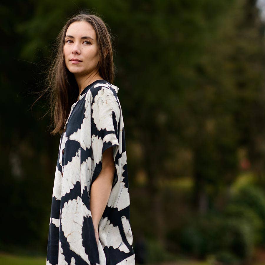 Block print dress Black Silky luxurious soft long - Sunset