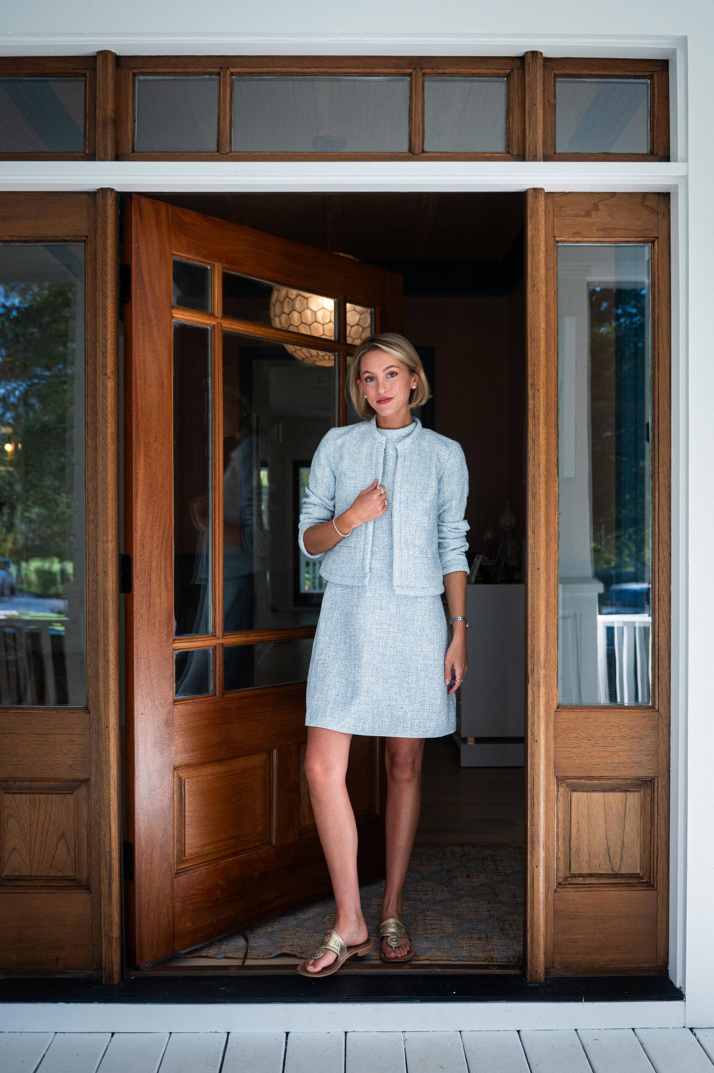 Blue Tweed Short Sleeve Shift Dress