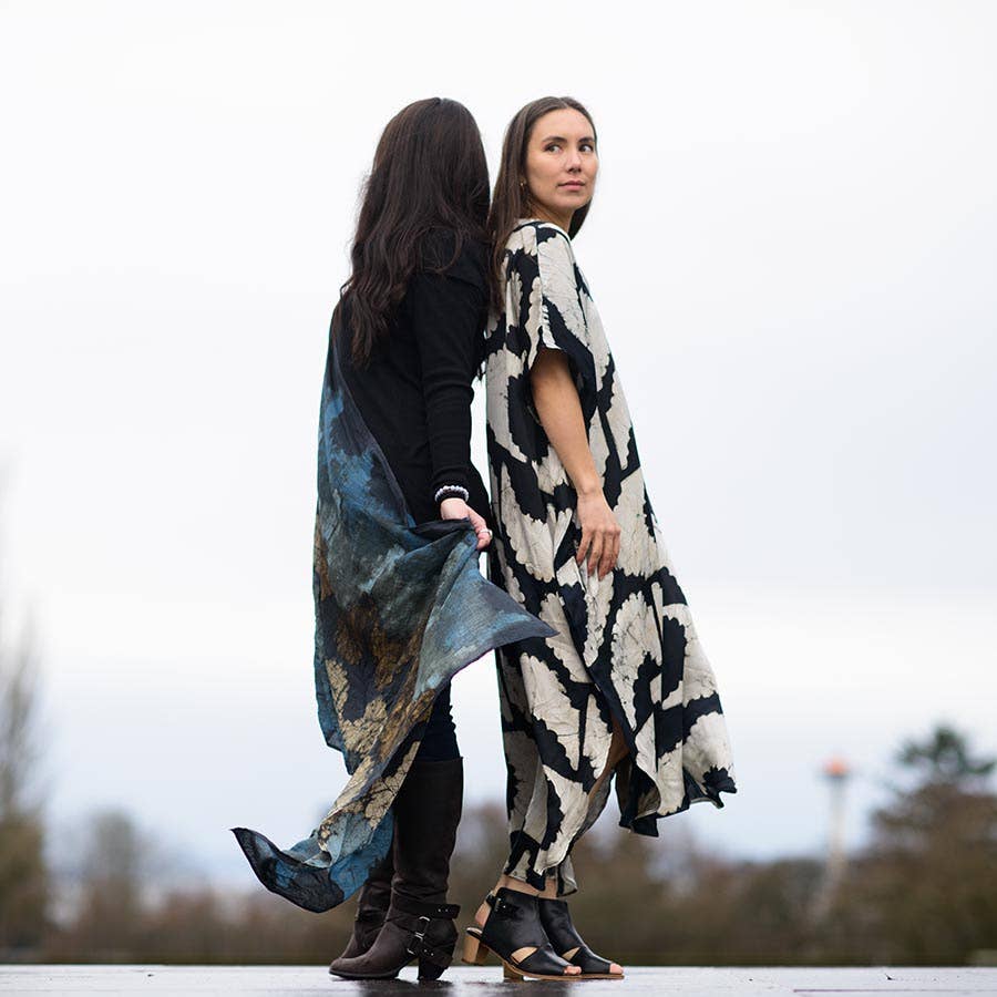 Block print dress Black Silky luxurious soft long - Sunset